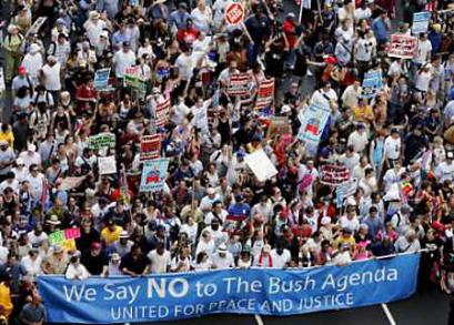 Protesters against President George W. Bush (news - web sites) march in front of Madison Square Garden, site of the Republican National Convention, in New York August 29, 2004. The marchers, estimated by the United for Peace and Justice coalition to reach more than 200,000, passed the convention site as Republicans and visitors converge on New York for the gathering that will end with Bush's re-nomination for president. (Win McNamee/Reuters) 